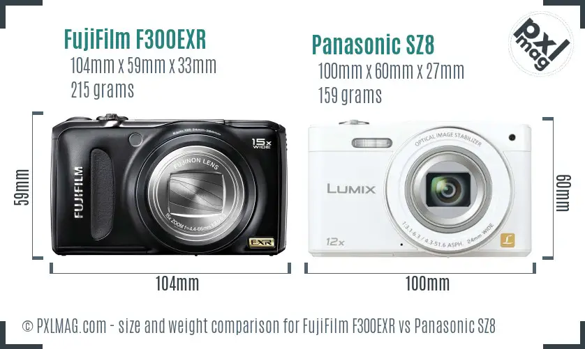FujiFilm F300EXR vs Panasonic SZ8 size comparison
