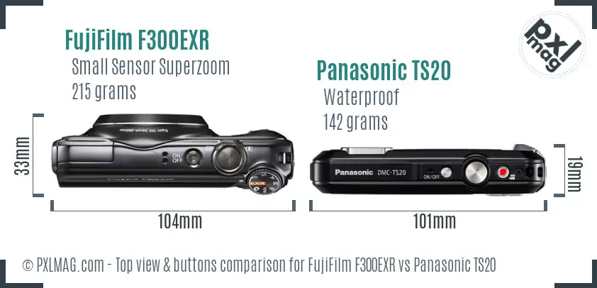 FujiFilm F300EXR vs Panasonic TS20 top view buttons comparison
