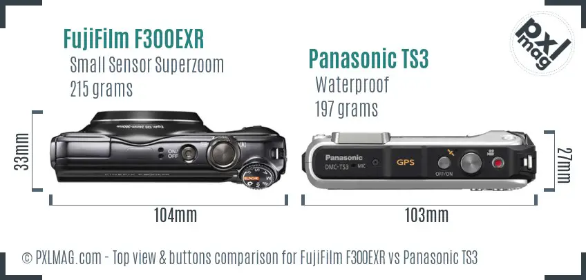 FujiFilm F300EXR vs Panasonic TS3 top view buttons comparison FujiFilm F300EXR vs Panasonic TS3 top view buttons comparison