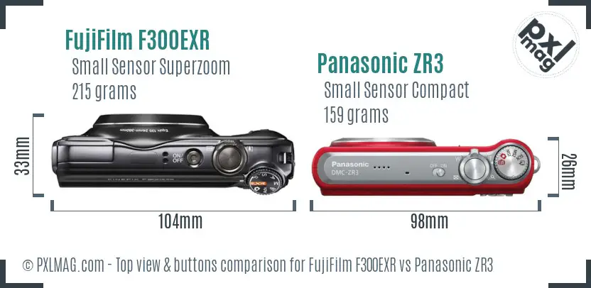FujiFilm F300EXR vs Panasonic ZR3 top view buttons comparison