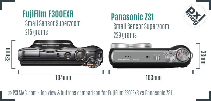 FujiFilm F300EXR vs Panasonic ZS1 top view buttons comparison FujiFilm F300EXR vs Panasonic ZS1 top view buttons comparison
