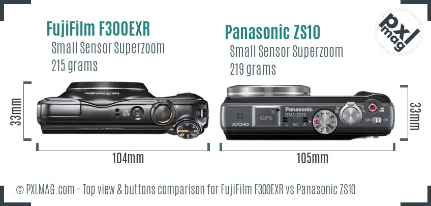 FujiFilm F300EXR vs Panasonic ZS10 top view buttons comparison