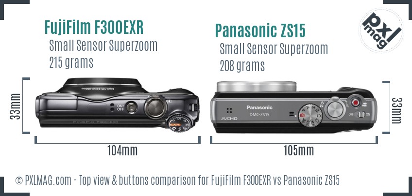 FujiFilm F300EXR vs Panasonic ZS15 top view buttons comparison