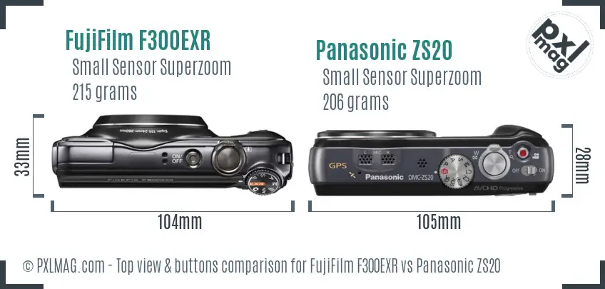 FujiFilm F300EXR vs Panasonic ZS20 top view buttons comparison