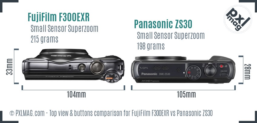 FujiFilm F300EXR vs Panasonic ZS30 top view buttons comparison