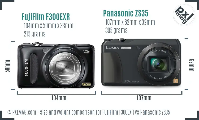 FujiFilm F300EXR vs Panasonic ZS35 size comparison