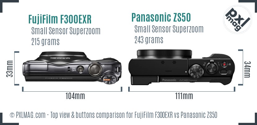 FujiFilm F300EXR vs Panasonic ZS50 top view buttons comparison