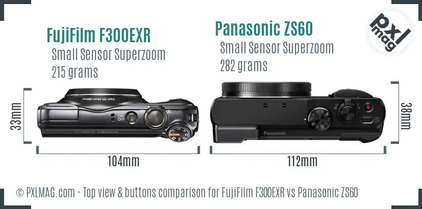 FujiFilm F300EXR vs Panasonic ZS60 top view buttons comparison