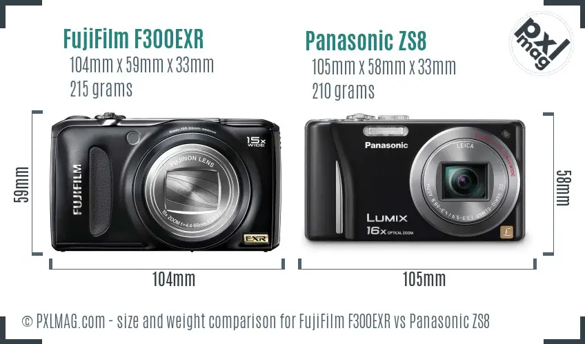 FujiFilm F300EXR vs Panasonic ZS8 size comparison