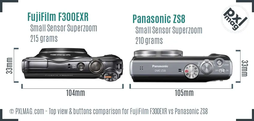 FujiFilm F300EXR vs Panasonic ZS8 top view buttons comparison
