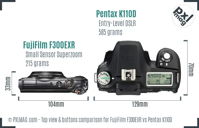 FujiFilm F300EXR vs Pentax K110D top view buttons comparison