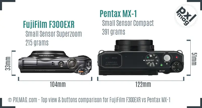 FujiFilm F300EXR vs Pentax MX-1 top view buttons comparison