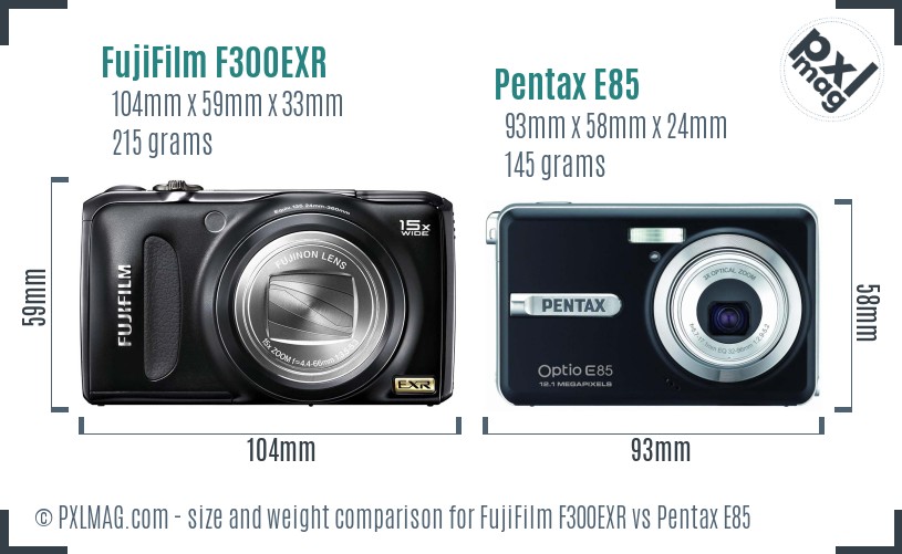 FujiFilm F300EXR vs Pentax E85 size comparison FujiFilm F300EXR vs Pentax E85 size comparison