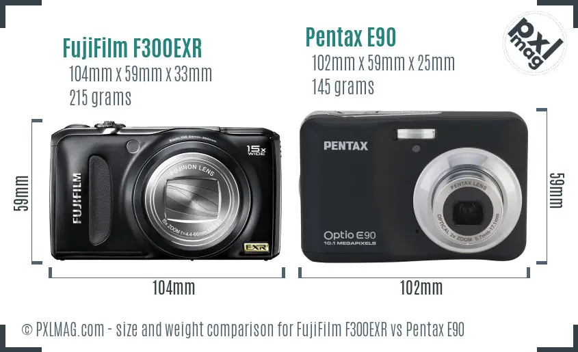FujiFilm F300EXR vs Pentax E90 size comparison