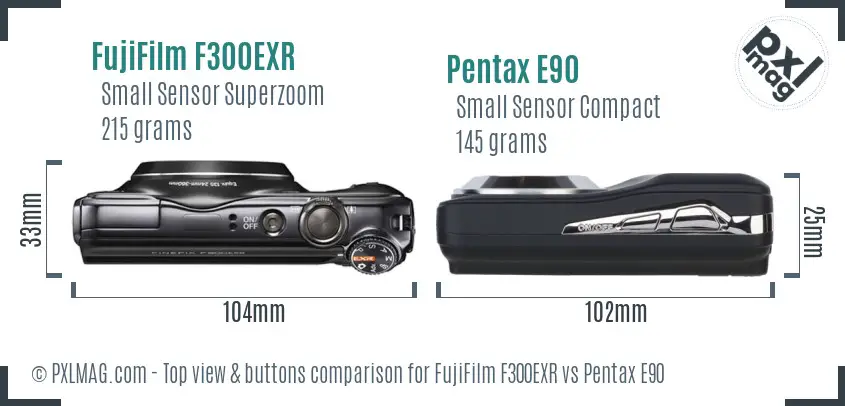FujiFilm F300EXR vs Pentax E90 top view buttons comparison
