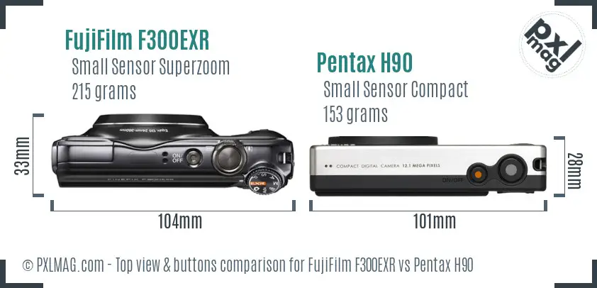 FujiFilm F300EXR vs Pentax H90 top view buttons comparison