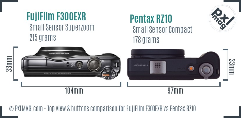 FujiFilm F300EXR vs Pentax RZ10 top view buttons comparison