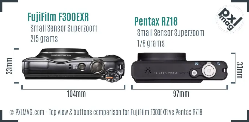 FujiFilm F300EXR vs Pentax RZ18 top view buttons comparison