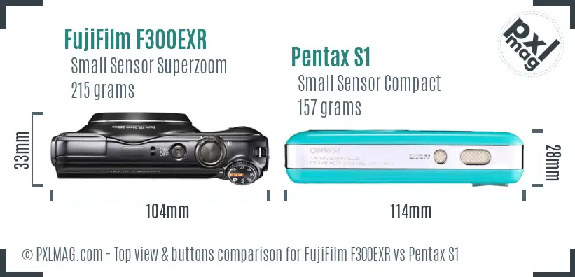 FujiFilm F300EXR vs Pentax S1 top view buttons comparison FujiFilm F300EXR vs Pentax S1 top view buttons comparison