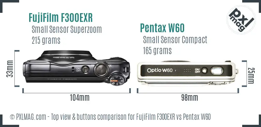 FujiFilm F300EXR vs Pentax W60 top view buttons comparison