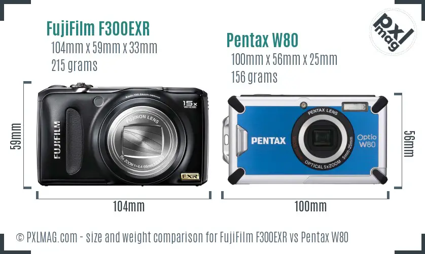 FujiFilm F300EXR vs Pentax W80 size comparison