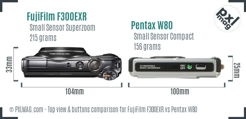 FujiFilm F300EXR vs Pentax W80 top view buttons comparison