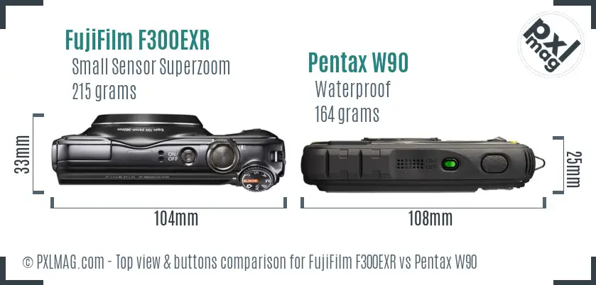 FujiFilm F300EXR vs Pentax W90 top view buttons comparison