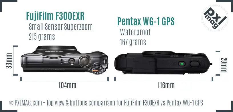 FujiFilm F300EXR vs Pentax WG-1 GPS top view buttons comparison