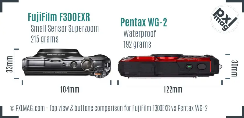 FujiFilm F300EXR vs Pentax WG-2 top view buttons comparison