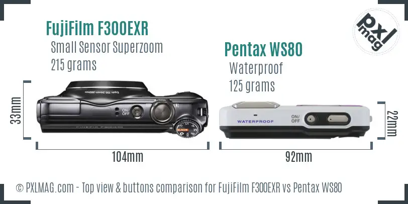 FujiFilm F300EXR vs Pentax WS80 top view buttons comparison