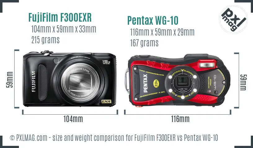 FujiFilm F300EXR vs Pentax WG-10 size comparison