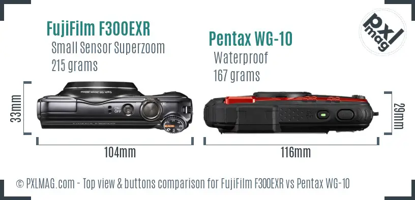 FujiFilm F300EXR vs Pentax WG-10 top view buttons comparison