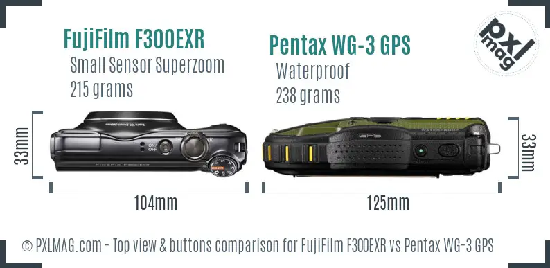 FujiFilm F300EXR vs Pentax WG-3 GPS top view buttons comparison