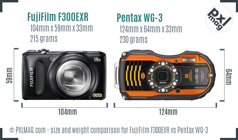 FujiFilm F300EXR vs Pentax WG-3 size comparison
