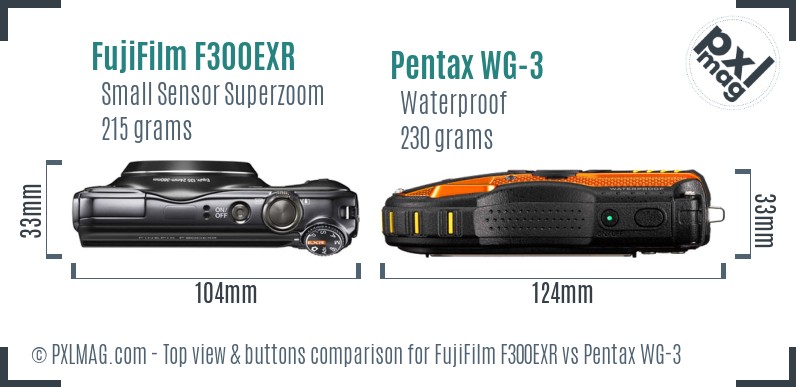 FujiFilm F300EXR vs Pentax WG-3 top view buttons comparison
