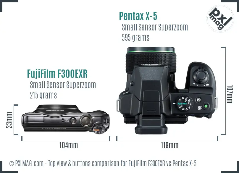 FujiFilm F300EXR vs Pentax X-5 top view buttons comparison