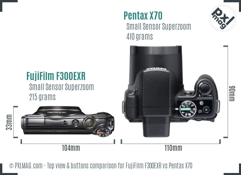 FujiFilm F300EXR vs Pentax X70 top view buttons comparison