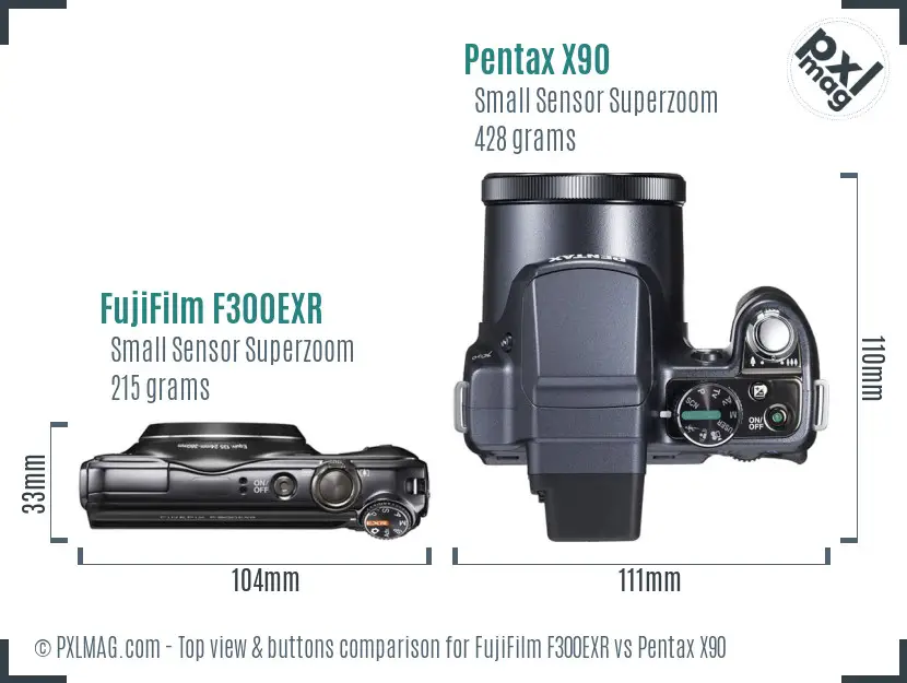 FujiFilm F300EXR vs Pentax X90 top view buttons comparison