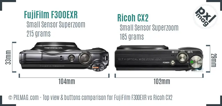 FujiFilm F300EXR vs Ricoh CX2 top view buttons comparison