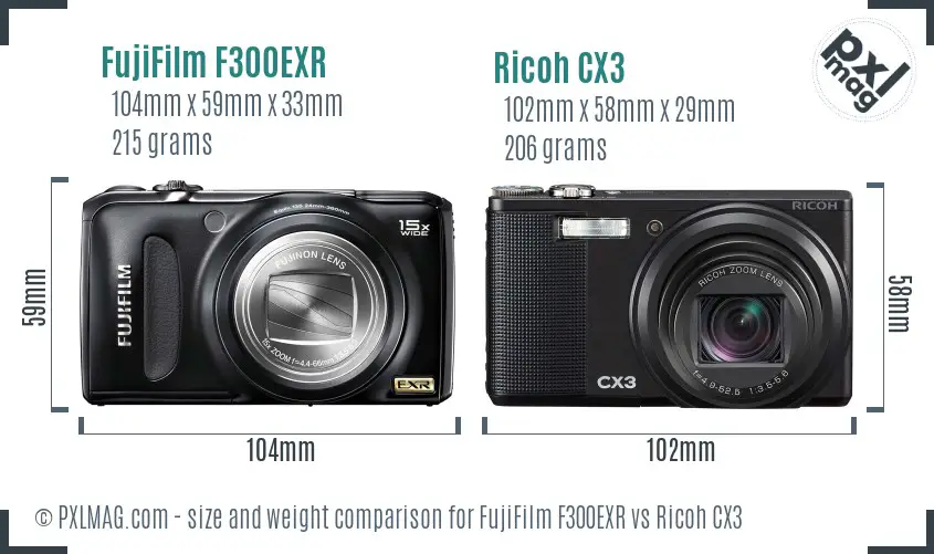 FujiFilm F300EXR vs Ricoh CX3 size comparison