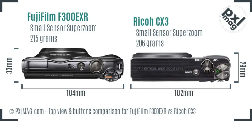 FujiFilm F300EXR vs Ricoh CX3 top view buttons comparison