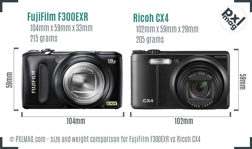 FujiFilm F300EXR vs Ricoh CX4 size comparison FujiFilm F300EXR vs Ricoh CX4 size comparison
