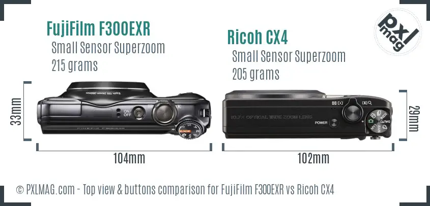 FujiFilm F300EXR vs Ricoh CX4 top view buttons comparison FujiFilm F300EXR vs Ricoh CX4 top view buttons comparison