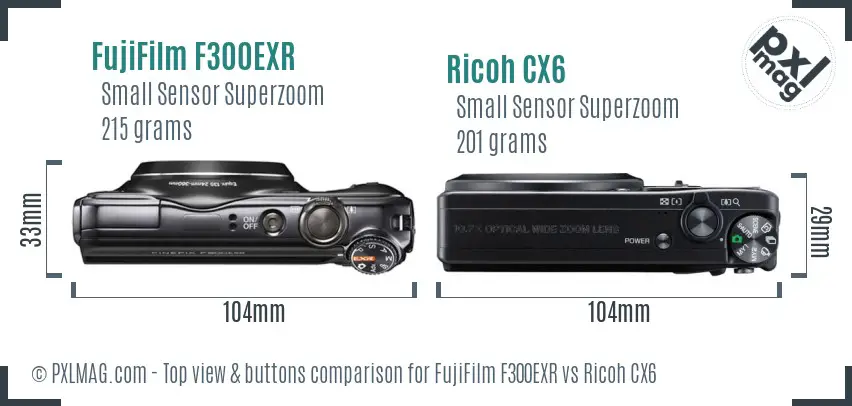 FujiFilm F300EXR vs Ricoh CX6 top view buttons comparison FujiFilm F300EXR vs Ricoh CX6 top view buttons comparison