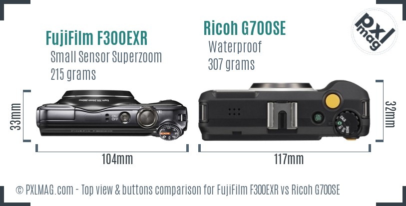 FujiFilm F300EXR vs Ricoh G700SE top view buttons comparison