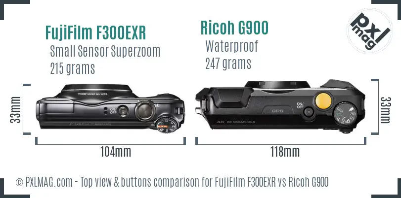 FujiFilm F300EXR vs Ricoh G900 top view buttons comparison