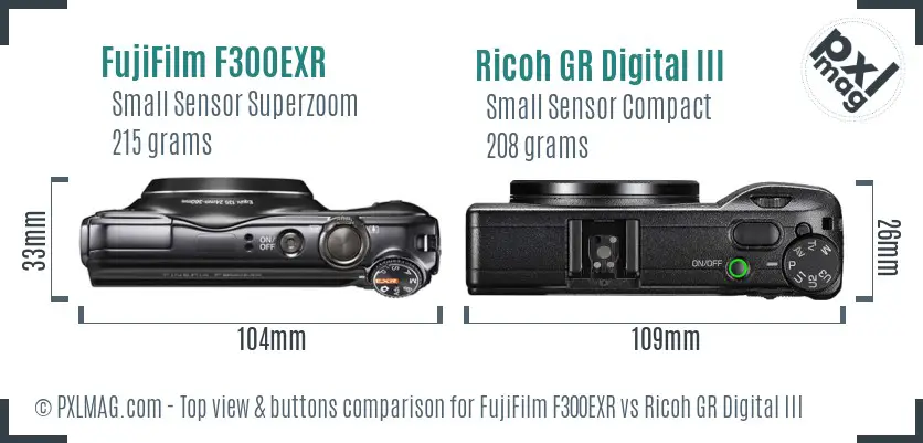 FujiFilm F300EXR vs Ricoh GR Digital III top view buttons comparison