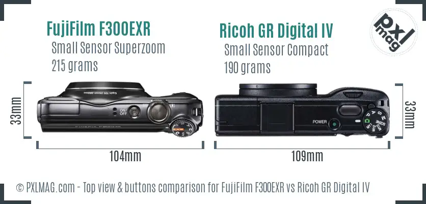 FujiFilm F300EXR vs Ricoh GR Digital IV top view buttons comparison FujiFilm F300EXR vs Ricoh GR Digital IV top view buttons comparison