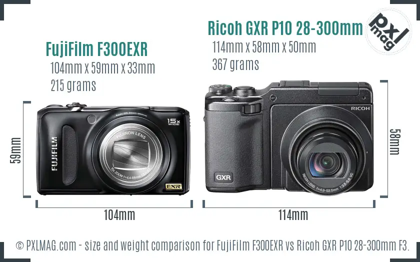 FujiFilm F300EXR vs Ricoh GXR P10 28-300mm F3.5-5.6 VC size comparison FujiFilm F300EXR vs Ricoh GXR P10 28-300mm F3.5-5.6 VC size comparison