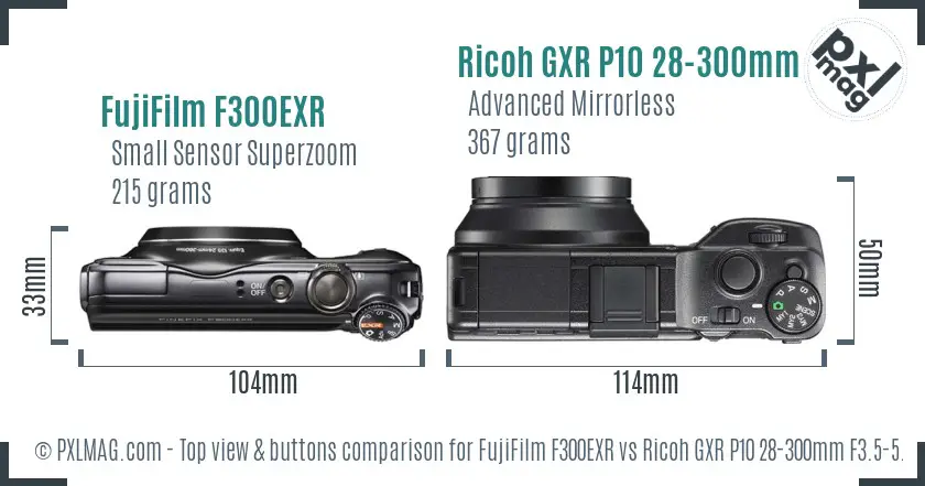 FujiFilm F300EXR vs Ricoh GXR P10 28-300mm F3.5-5.6 VC top view buttons comparison FujiFilm F300EXR vs Ricoh GXR P10 28-300mm F3.5-5.6 VC top view buttons comparison